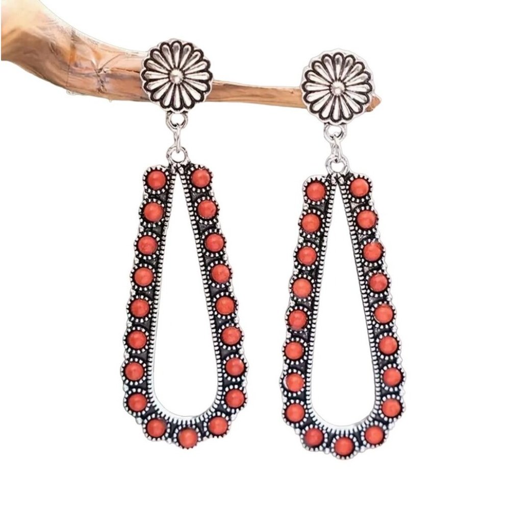 Southwestern Style Earrings Imitation Coral Teardrop Dangle